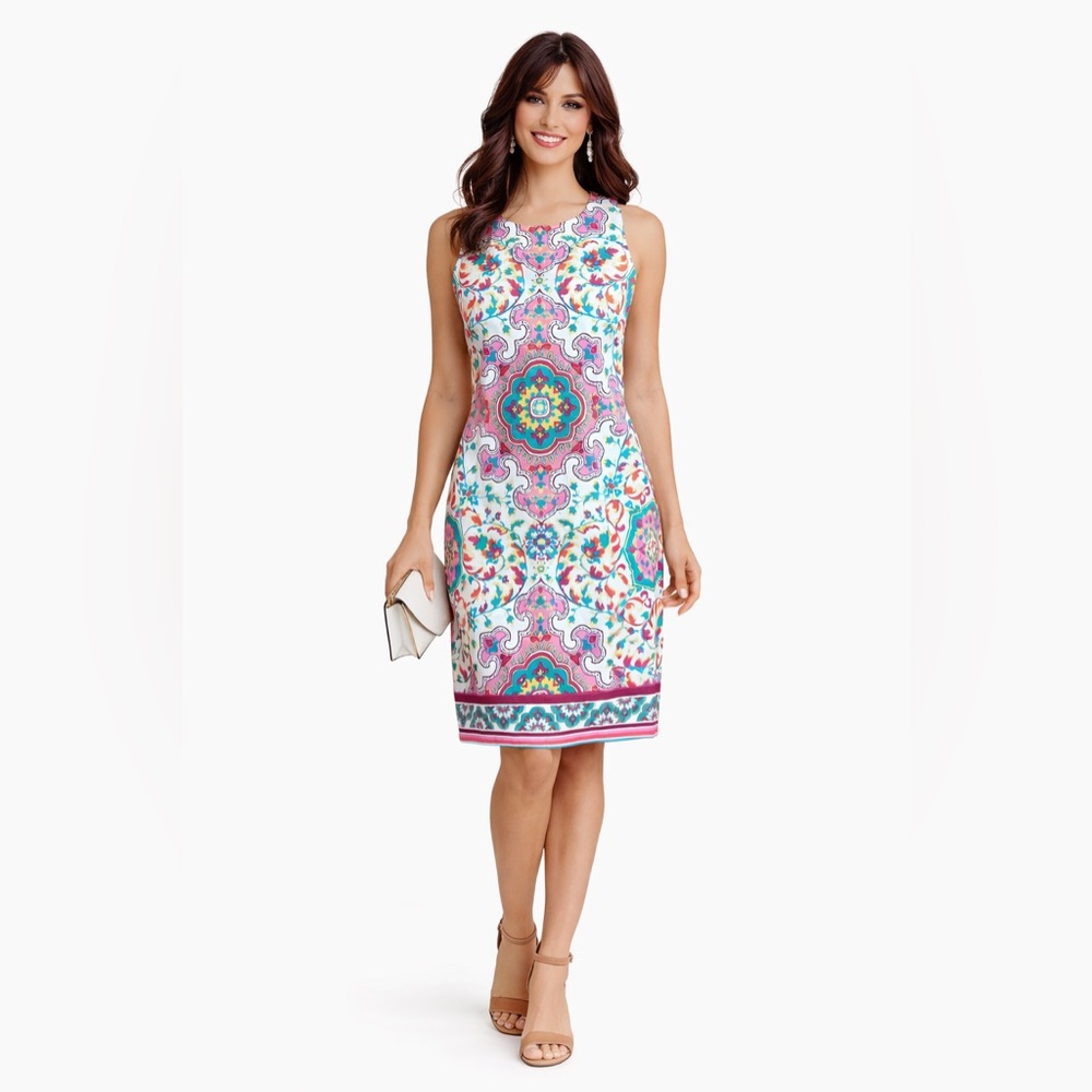 London Times Colorful Medallion Print Sleeveless Sheath Dress